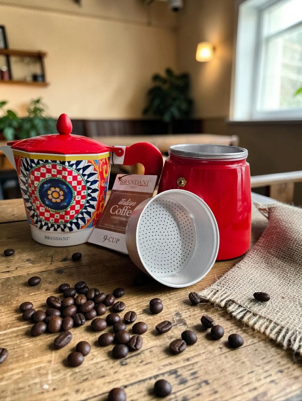 NEW Brandani 9 Cup Espresso Coffee Maker Aluminum Moka Pot Sicilian Pattern Red